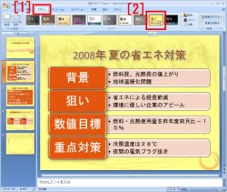 図表8　[1]「デザイン」タブから、[2]「みやび」というテーマを適用