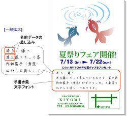 図表1　DMハガキのできあがり例。一言メッセージに自分フォントと差し込み印刷を利用。