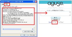 図表3　左はメールソフト「Outlook Express」でメールヘッダを表示させたダイアログボックス。この内容をすべて選択し、右の「aguse」サイトに貼り付けて「調べる」ボタンをクリック。